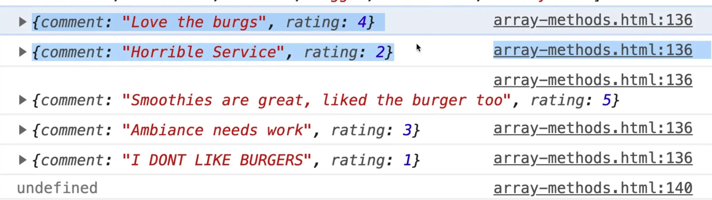 browser console showing all feedback array element