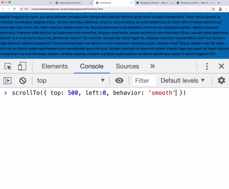 passing an object to window scrollTo function to specify properties like top left and behavior