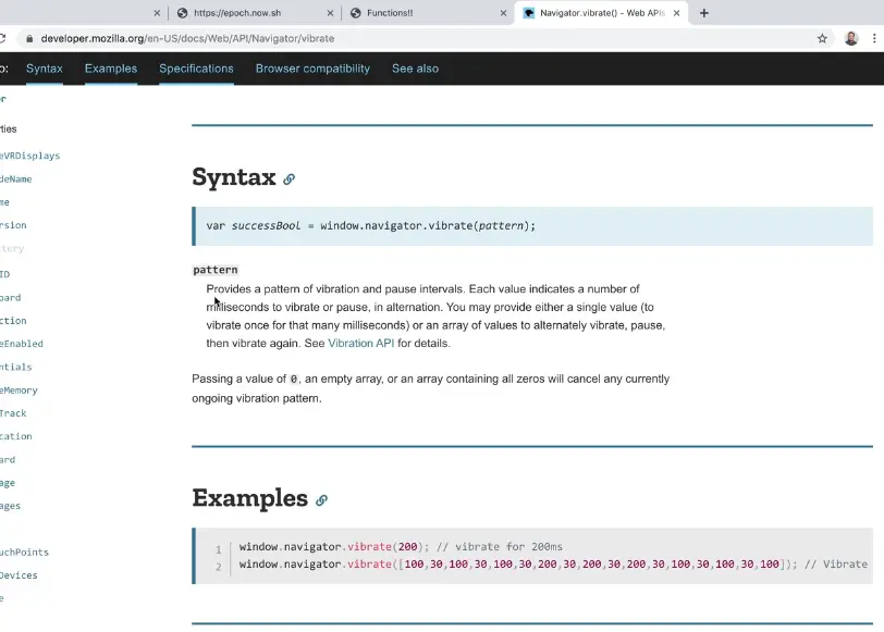 mozilla developer website to see the documentation for Navigator vibrate method