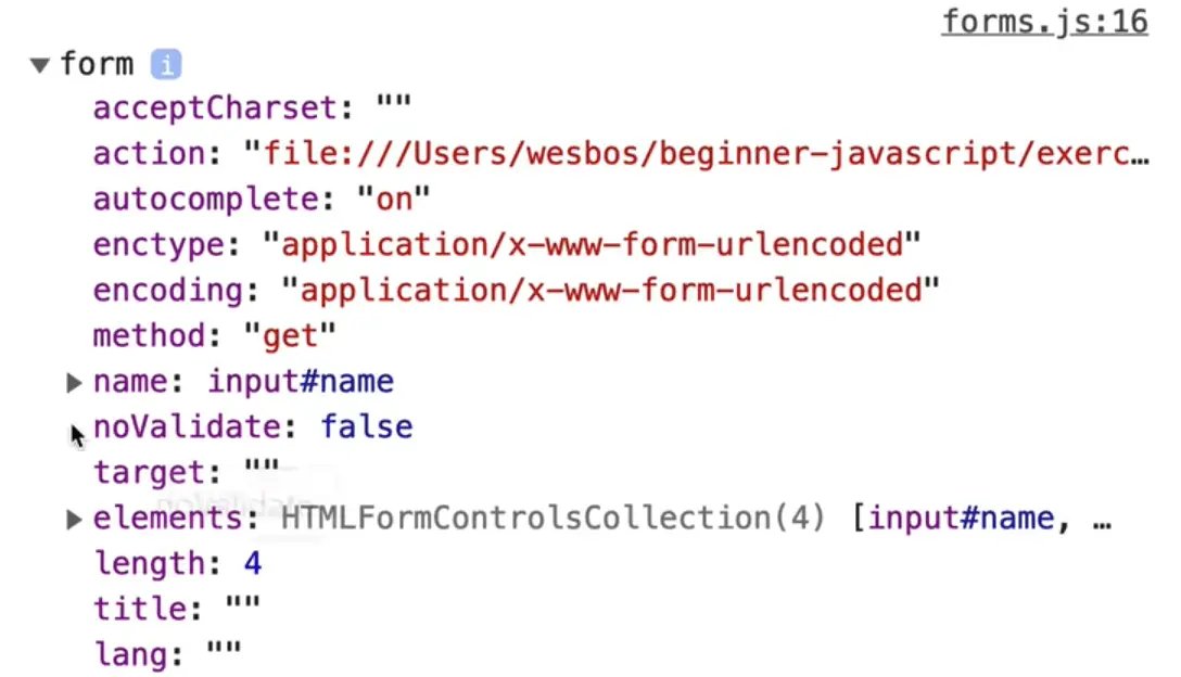 browser console output of form