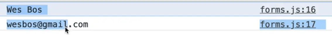 browser console output showing name and email values