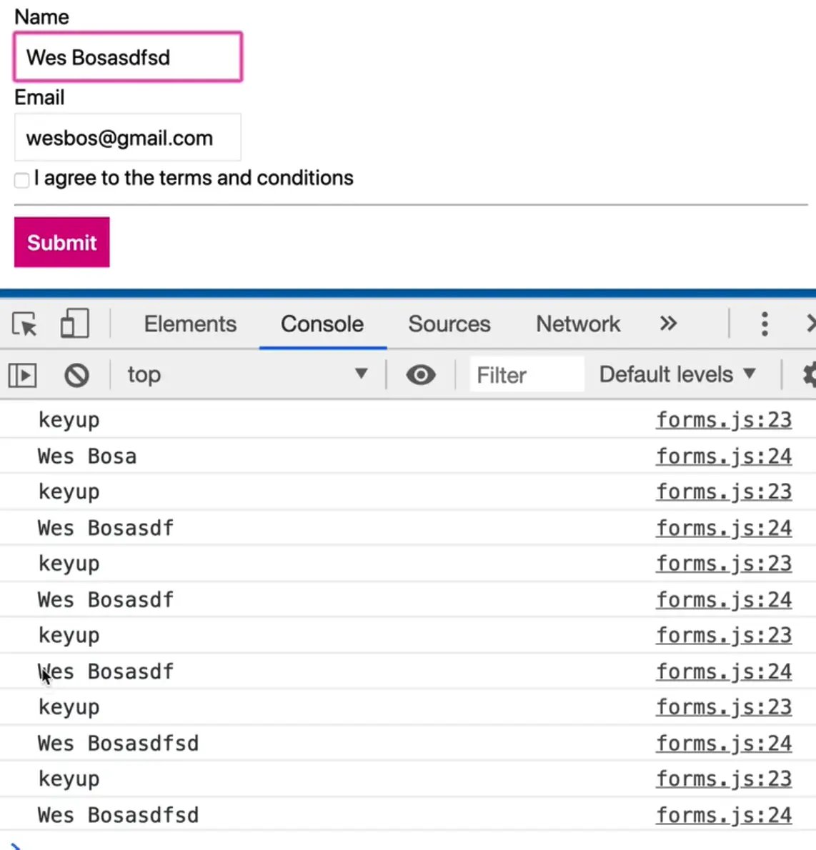 browser output of from inputs on keyup event