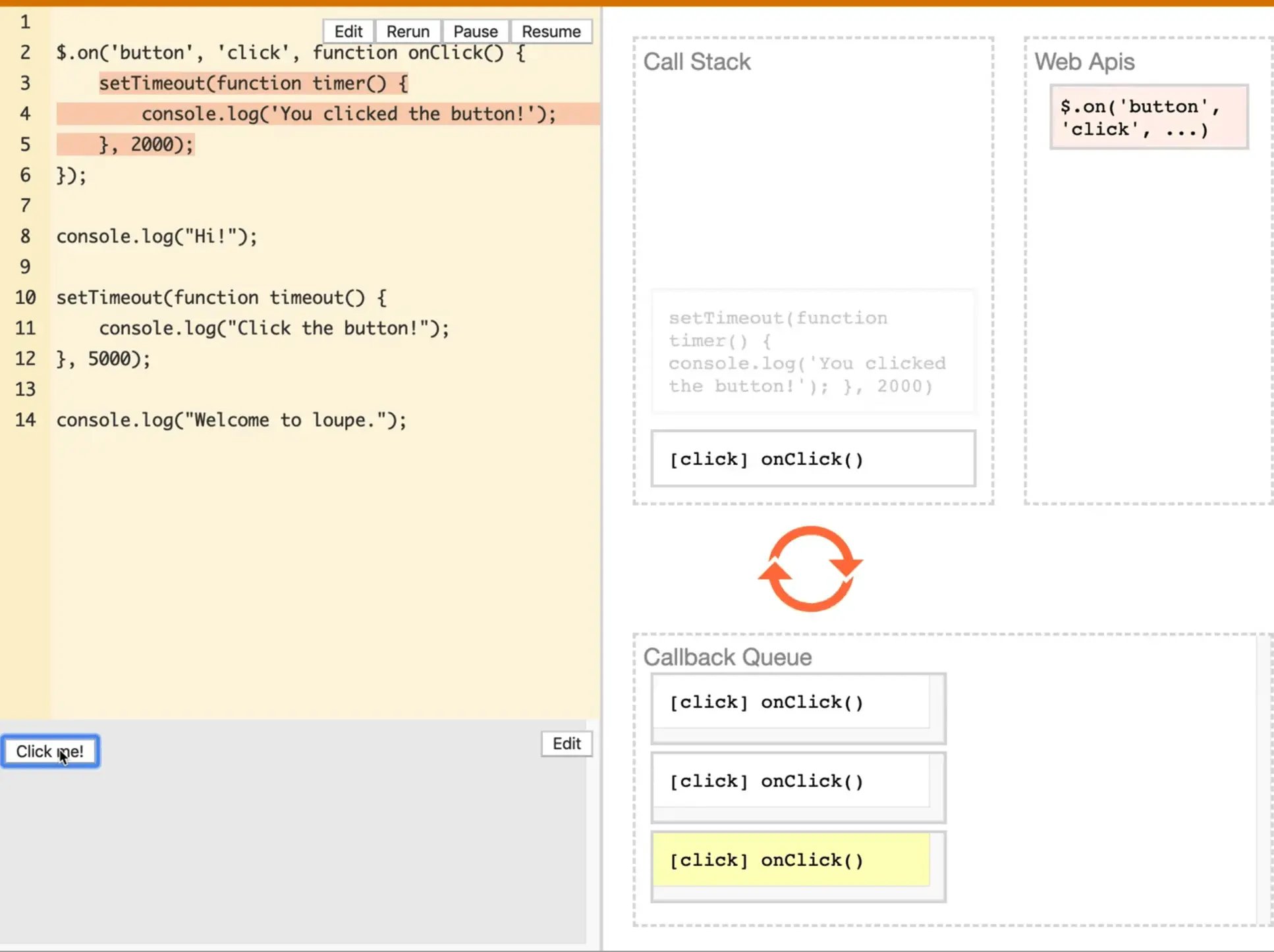 click on button results in putting event handler in queue